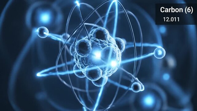 Abstract visualization of a carbon atom with orbiting electrons.