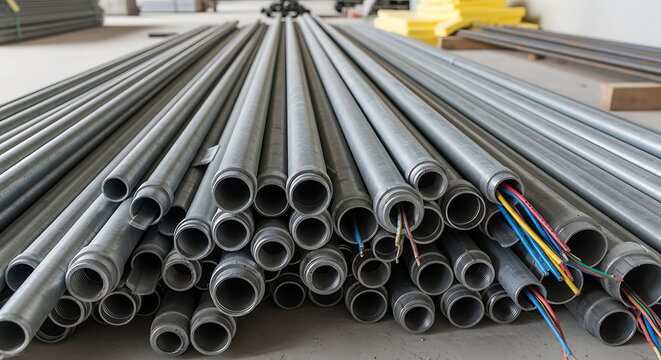 Close-up view of a pile of gray electrical conduit pipes.
