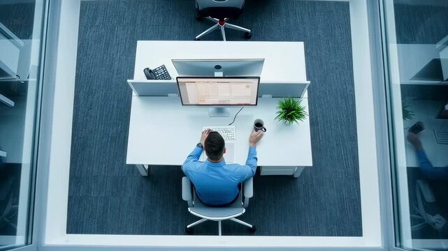 Aerial view office desk computer worker typing in glasswalled booth with monitor keyboard coffee plant, IT analyst operating software dashboard with ai overlays, cool blue lighting