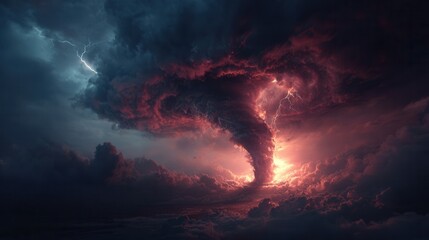 Fototapeta premium powerful tornado with swirling debris and bright lightning flashes in dark storm clouds, dramatic extreme weather scene in realistic photorealistic style