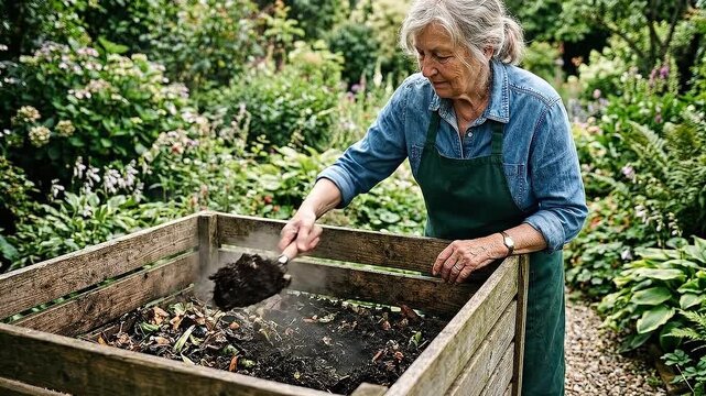 Sustainable aging gardener turning kitchen scraps into compost wooden bin nurturing backyard composting practice for soil and plants with gentle care