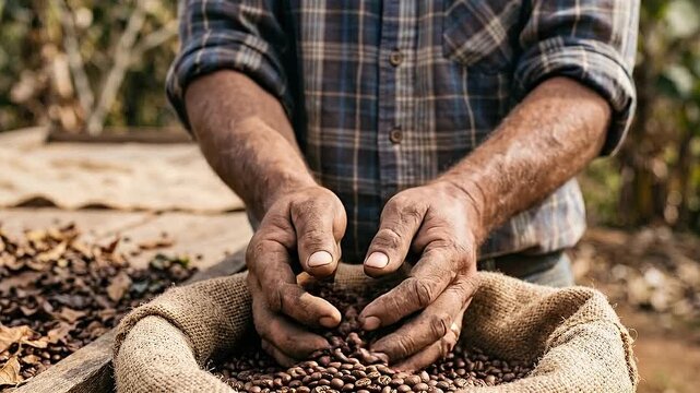 Sustainable aging coffee farmer hands harvest handpicked roasted bean pouring into burlap sack rustic farm setting warm earthy tones tactile detail