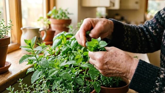 Sustainable aging herb garden indoor mint plant potted windowsill gardening elderly hands tending fresh mint and thyme creating calm green home scene