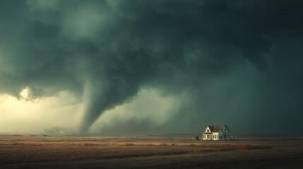 Fototapeta premium powerful tornado with swirling debris and bright lightning flashes in dark storm clouds, dramatic extreme weather scene in realistic photorealistic style