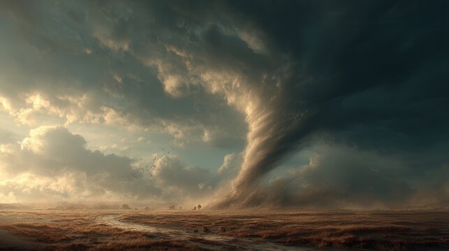 powerful tornado with swirling debris and bright lightning flashes in dark storm clouds, dramatic extreme weather scene in realistic photorealistic style