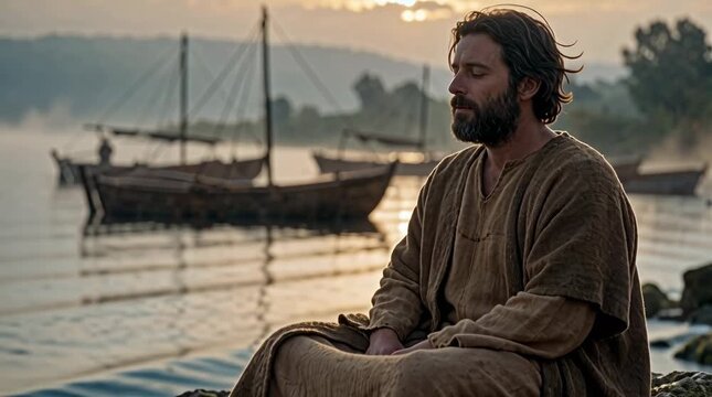Jesus resting by Galilee lake in ancient robes