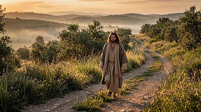 Jesus moving freely through lush Galilean hills at dawn