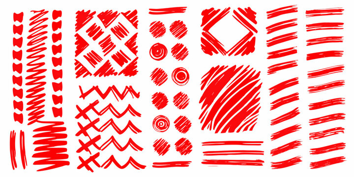 Collection of diverse red scribble patterns against a white background