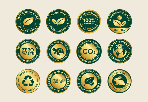 Eco Friendly Badge Sticker Set Vector Templates, Green Labels, Eco seals, Sustainable Icons for Environmental Messaging in Green & Gold