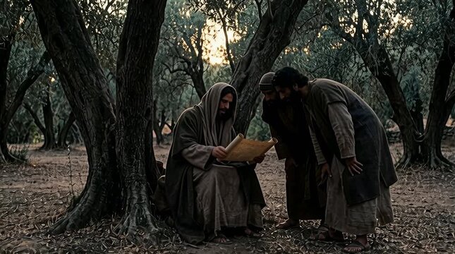 Jesus concealing travel plans in Galilee olive grove