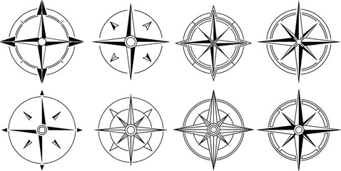 Compass Rose Icon Set with Navigation Wind Rose Symbols for Map Design, Maritime Navigation, Adventure Travel Graphics, Cartography Elements, and Direction Indicators