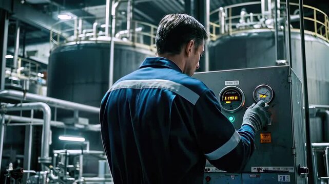 Industrial plant operator adjusts control panel amid stainless steel tanks and pipes, gloved technician reads pressure gauge and indicator lights, dimly lit production hall, maintenance