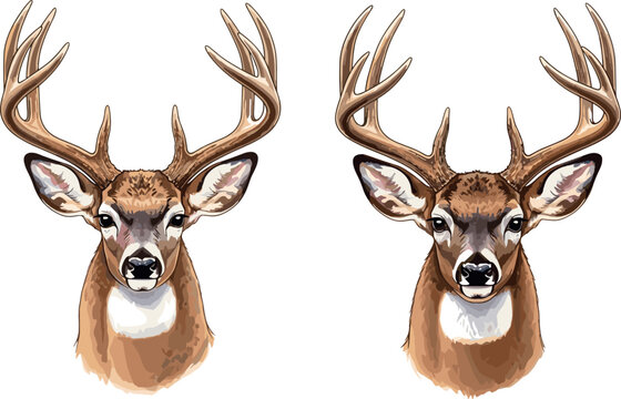 Realistic Deer Buck Head Vector Illustration Featuring Detailed Antlers Wildlife Portrait Isolated Natural Hunting Animal Design