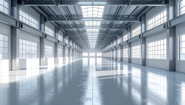 Bright and Spacious Empty Industrial Warehouse Interior with Windows.