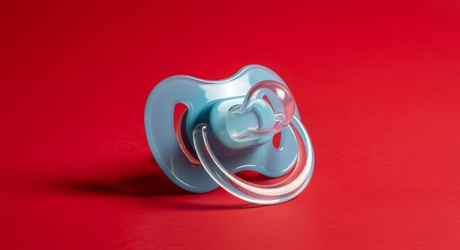 Blue baby pacifier with clear shield and nipple on red background
