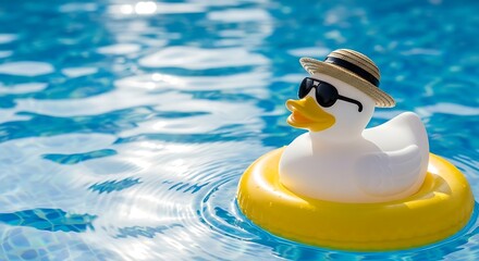 A white rubber duck with sunglasses and a hat floats in a sparkling blue swimming pool