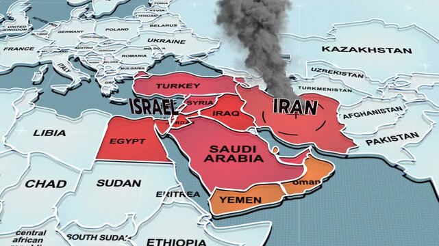 A modern 3D-style political map of the Middle East highlighting countries like Iran, Saudi Arabia, Iraq, Turkey, Israel, Yemen, the United Arab Emirates, Oman, Bahrain, Qatar, Syria, Jordan,