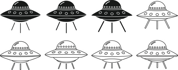 UFO Flying Saucer Icon Set with Alien Spaceship Symbols for Science Fiction Design, Space Exploration Graphics, Extraterrestrial Concept Illustrations, and Futuristic Technology Themes © MDSOBUJ