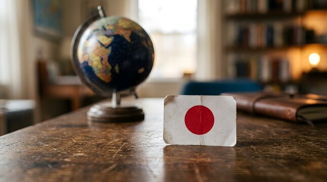 Japan flag card placed on a world globe with a golden pen and leather notebook on a rustic wooden desk