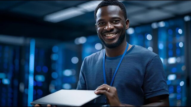 Smiling IT professional using laptop in modern data center