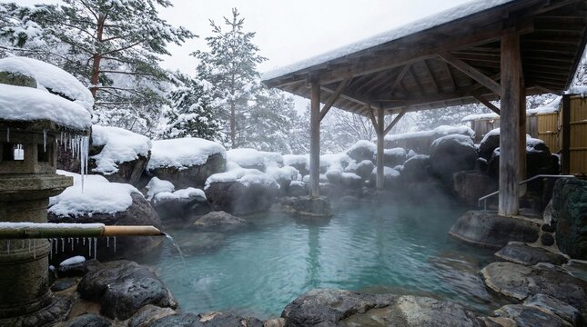 Serene Japanese onsen outdoor hot spring bath in winter landscape.. Generative AI