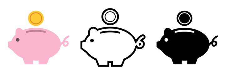 貯金箱アイコンセット コイン付きブタのマネーバンク フラット・線画・シルエットの金融シンボルベクター素材 / Piggy bank icon set coin money saving flat outline silhouette vector © 如月愛歌/Aika Kisaragi