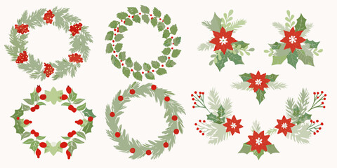 Festive collection of poinsettia and berry wreaths and floral arrangements © Kopil