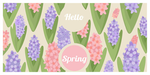 Floral pattern with hyacinths and text greetings hello and spring © Kopil