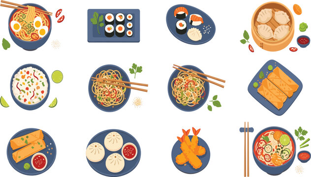 Asian Cuisine Food Collection with Sushi, Ramen, Dumplings, Noodles, Tempura, Spring Rolls and Traditional Japanese and Chinese Dishes Vector Set.