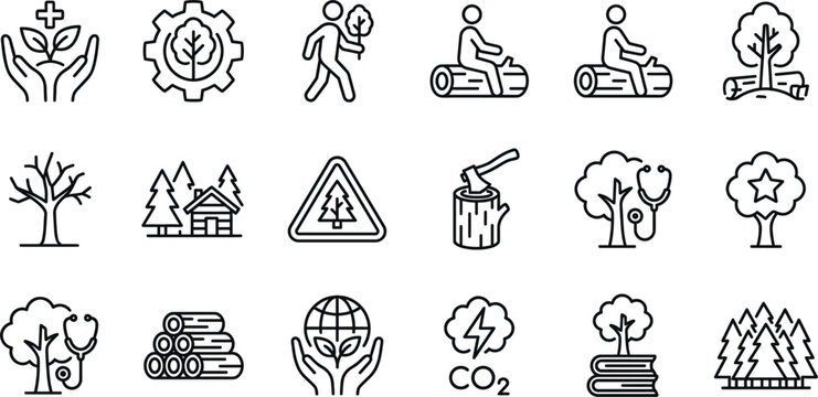 Environmental conservation icons set with trees recycling carbon dioxide eco energy forestry sustainability climate protection outline vector collection isolated