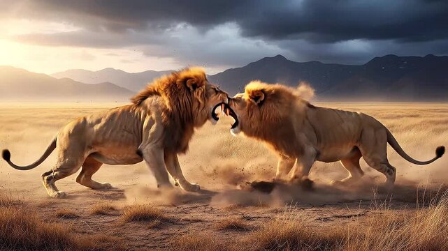 Two lions fighting in savanna with dramatic sky background wildlife battle nature