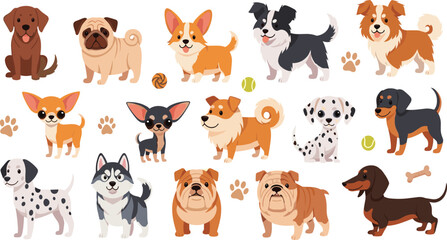 Cute Domestic Dog Breeds Collection with Labrador, Pug, Corgi, Chihuahua, Border Collie, Dalmatian, Husky, Bulldog and Dachshund Cartoon Vector Set. © MdNazmul