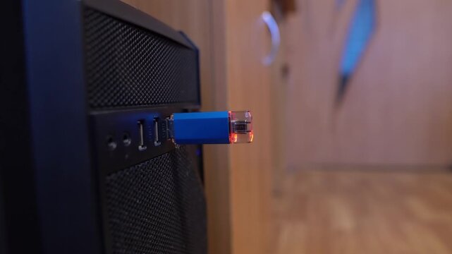 The blue flash drive is inserted into the USB port and connected to the USB port of the computer in the office