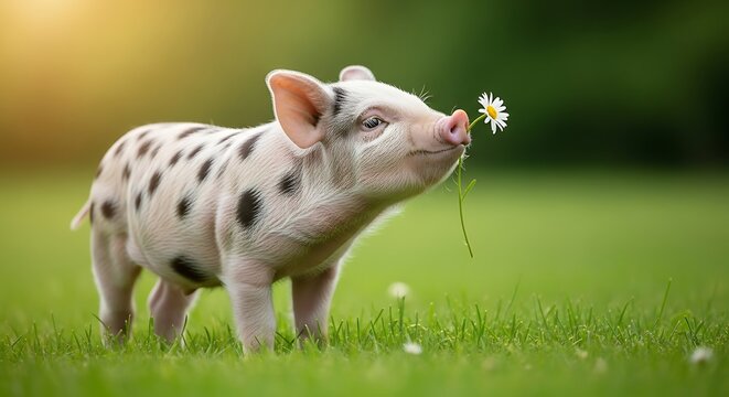 Adorable spotted piglet sniffs a daisy in vibrant green grass, backlit by golden sunlight