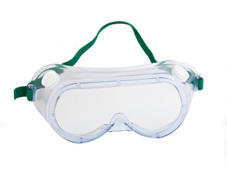 Clear Safety Goggles with Green Elastic Headband is shown on a white background.