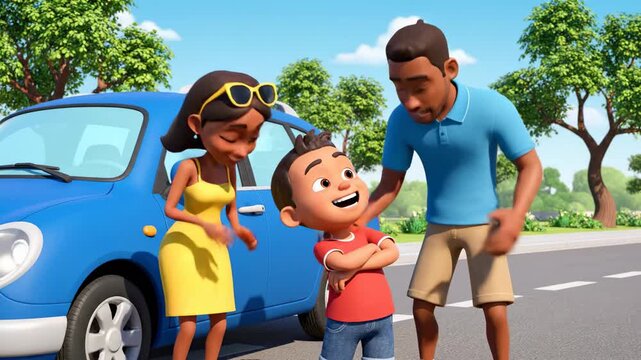 Animated family fun road trip with car on sunny day cartoon style happy child and parents animated vector footage