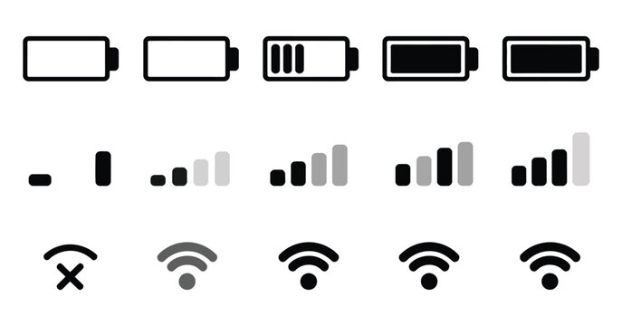 Battery Signal and Wi-Fi Icon Symbol, smartphone network indicator, wireless connection sign, battery power level status bar element, modern black and white vector icon for mobile interface, web UI de