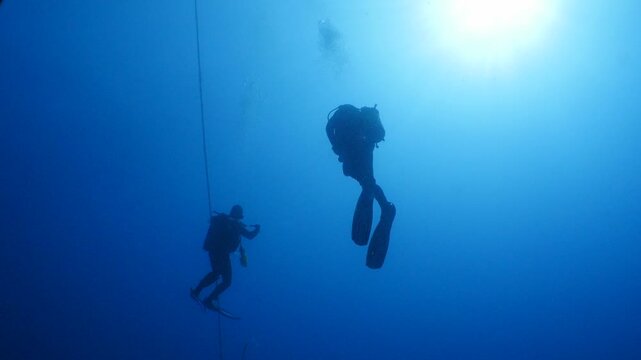 scuba divers ascending surface going back to boat underwater with sun beams and rays ocean scenery