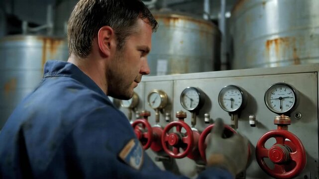 Caucasian technician adjusts pressure gauges panel, focused maintenance scene inside industrial plant with steel tanks, red valve wheels and analogue dials, closeup gloved hands turning