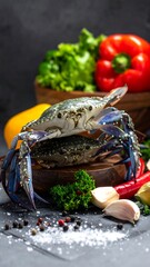 Image of Two blue crabs are stacked atop a wooden board with vegetables and spices printed on Printed Glass Splashbacks