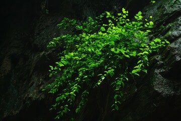 Obraz premium 洞窟の暗い岩の表面には緑色の植物が生えています