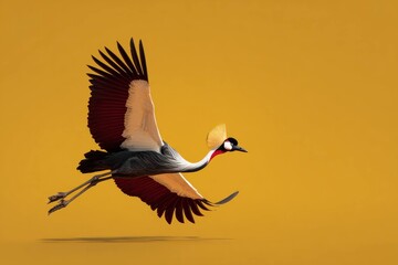 Fototapeta premium Bird, crane and flying with wings spread in yellow background. Wildlife, nature and animal in flight for freedom, migration and birdwatching concept outdoors.