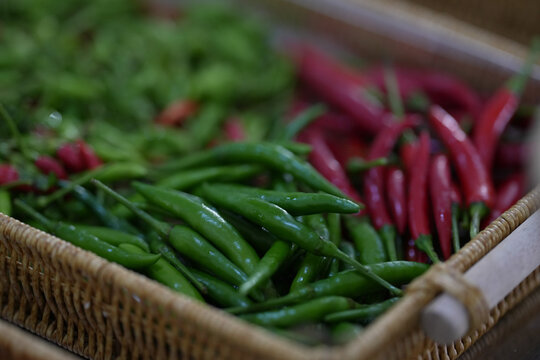 Close-up of yellow and red peppers