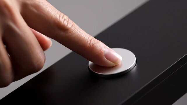 Close-up of a finger pressing a silver button on a black surface