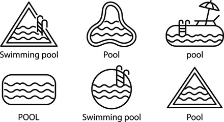 Fototapeta premium Swimming pool outline icons set with water waves ladder inflatable pool umbrella summer leisure recreation vector symbols collection isolated