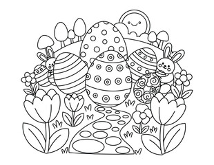 Naklejka premium Easter eggs with cute bunnies in spring garden coloring page illustration scene