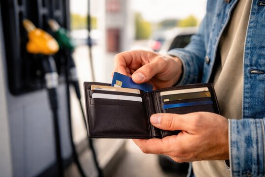 Man Paying with Credit Card at Gas Station Fuel Pump