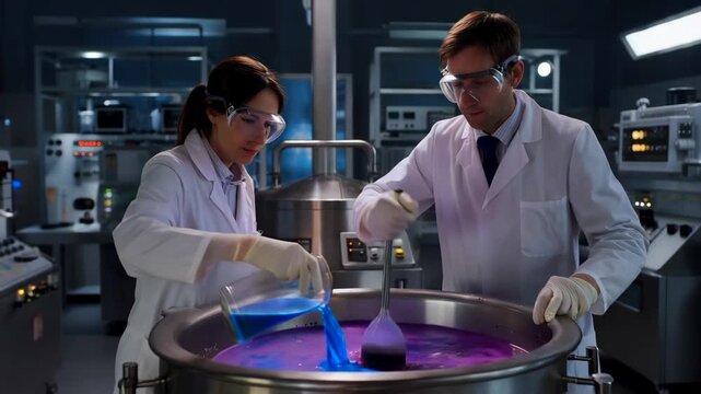 Scientists blending vivid colored chemical formulation in large vat, coordinated pouring of blue and purple pigments with rows of bright flasks and precision controls framing the scene
