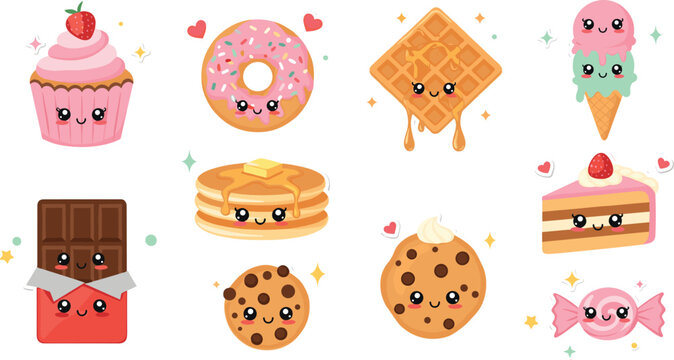 Cute Kawaii Dessert and Sweet Food Collection with Cupcake, Donut, Waffle, Pancakes, Ice Cream, Chocolate and Cookies Cartoon Vector Set.