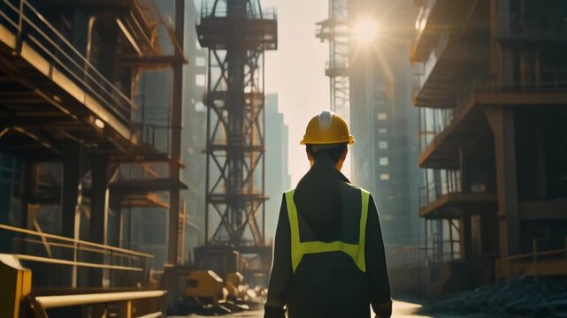 強い日差しの中そびえ立つクレーンと鉄骨へ向かって歩く作業員の後ろ姿のシルエット